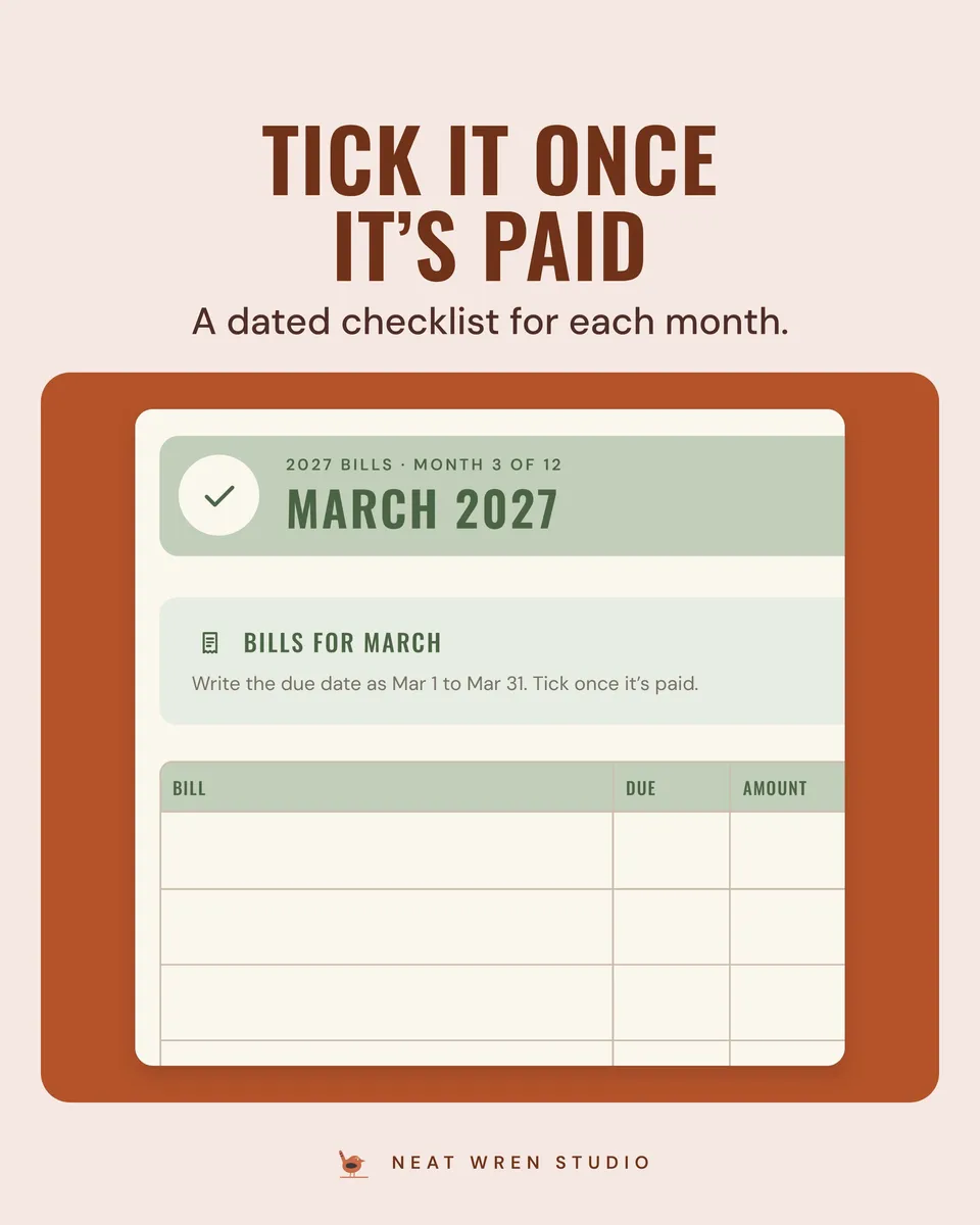 2027 Bill Tracker Printable: monthly checklist
