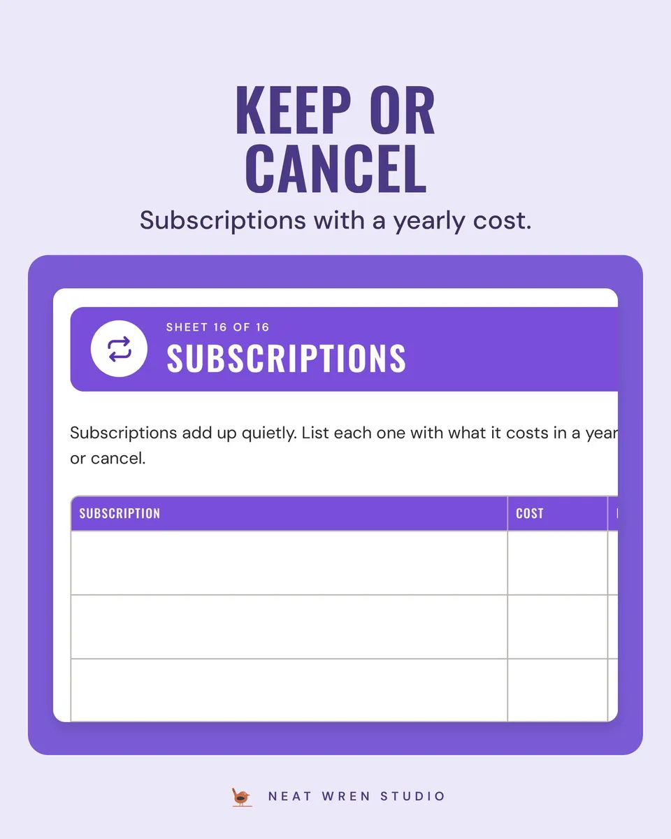 2027 Bill Tracker Printable: subscriptions