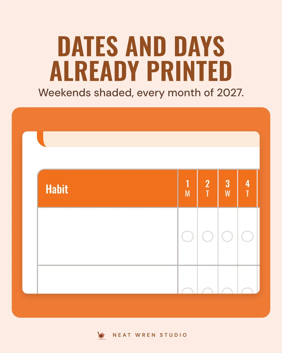 2027 Habit Tracker Printable: dates printed