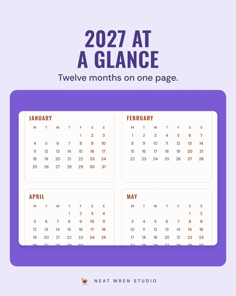 2027 Printable Calendar: year at a glance