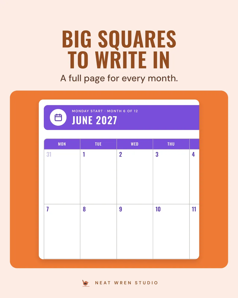 2027 Printable Calendar: room to write