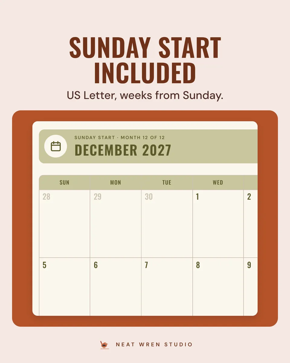 2027 Printable Calendar: sunday start