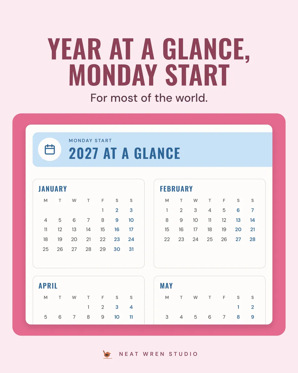 2027 Year Planner Printable: monday start