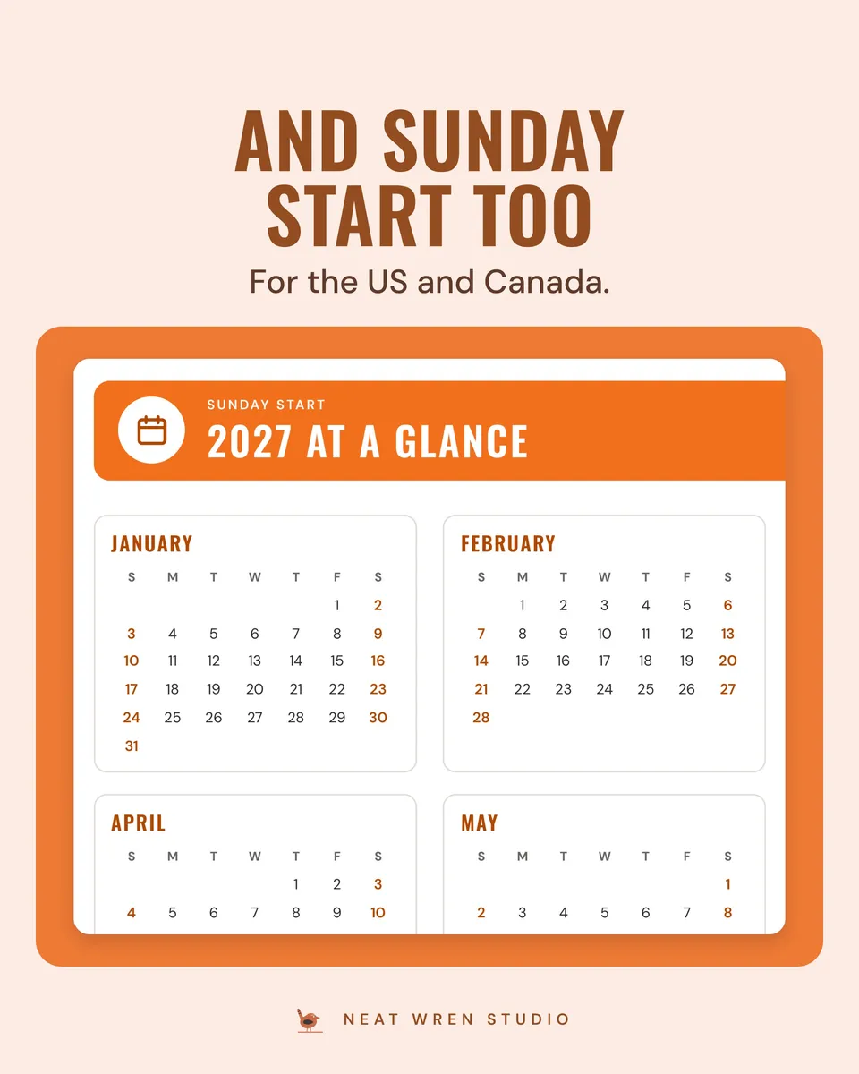 2027 Year Planner Printable: sunday start