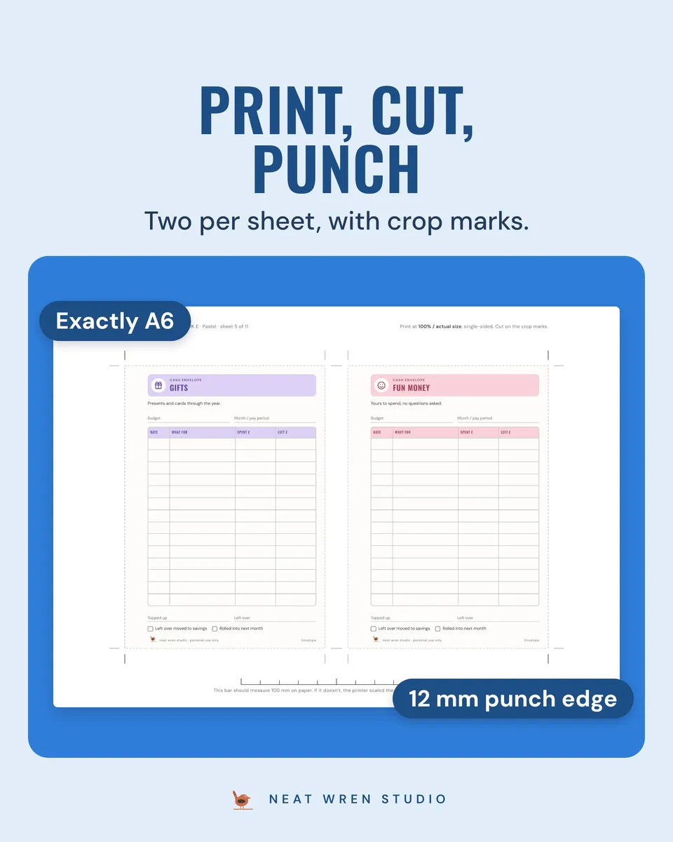 A6 Budget Binder Inserts: print cut punch