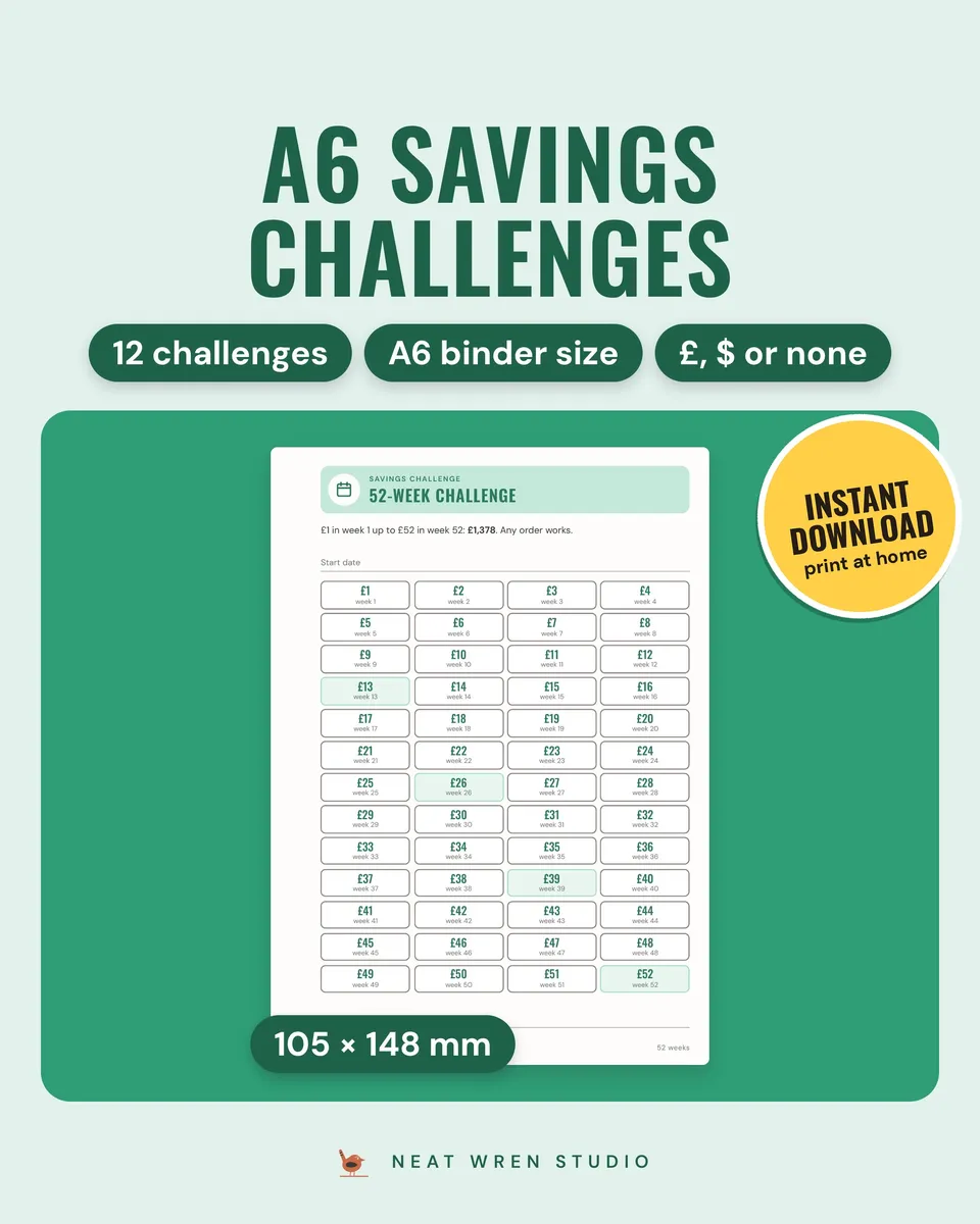 A6 Savings Challenge Binder Inserts