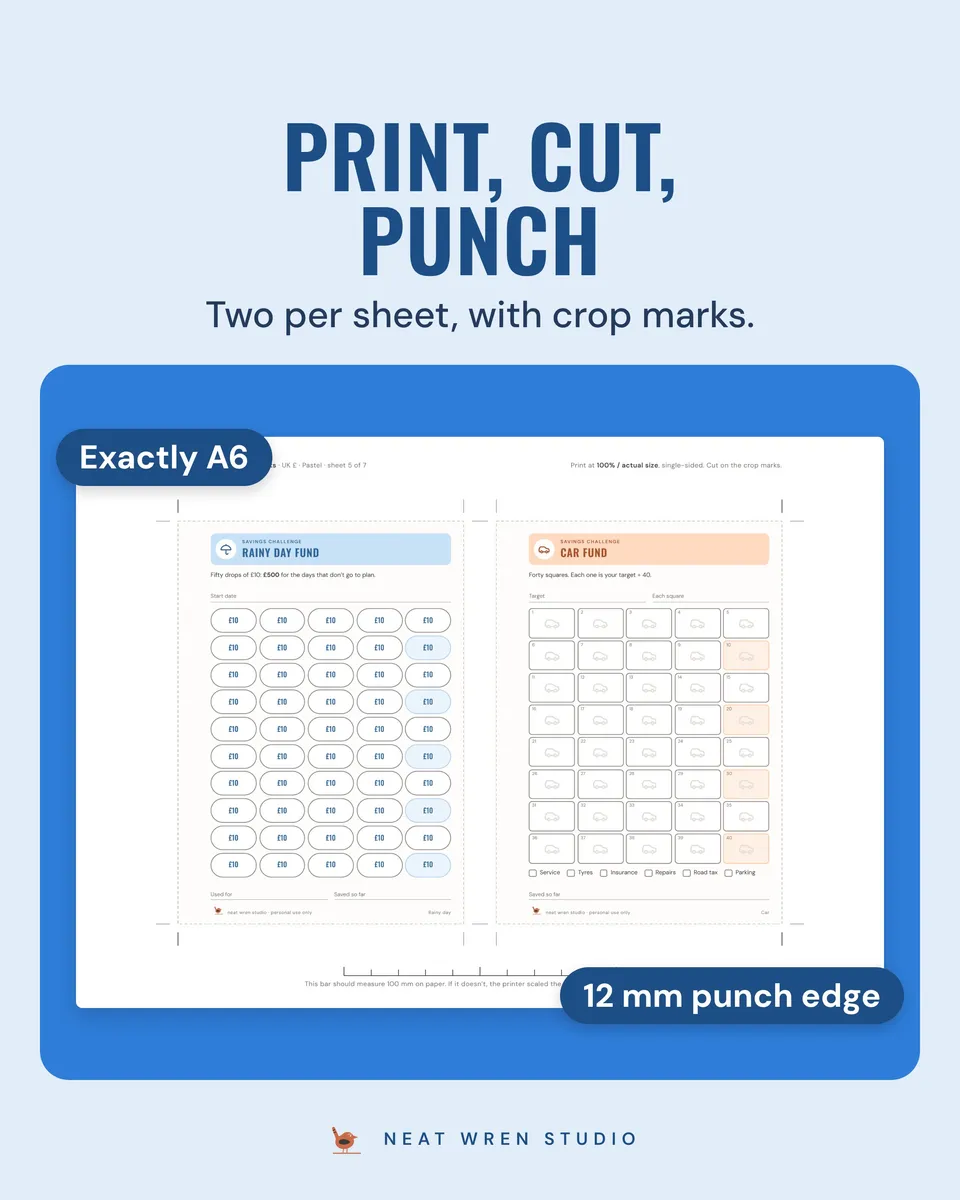 A6 Savings Challenge Binder Inserts: print cut punch