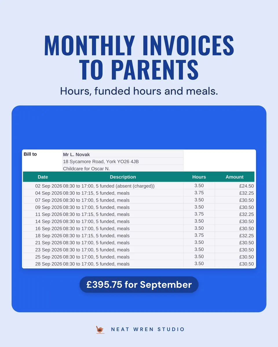 Childminder Spreadsheet UK: invoice
