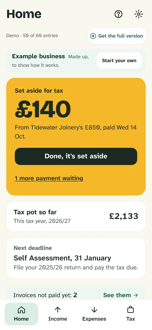 Sole Trader demo’s first screen