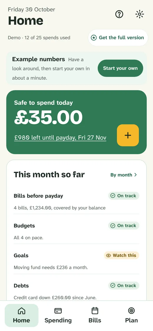 Calm Money’s first screen: Safe to spend