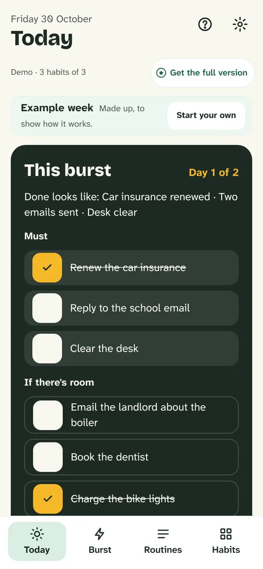 Calm Week demo’s first screen