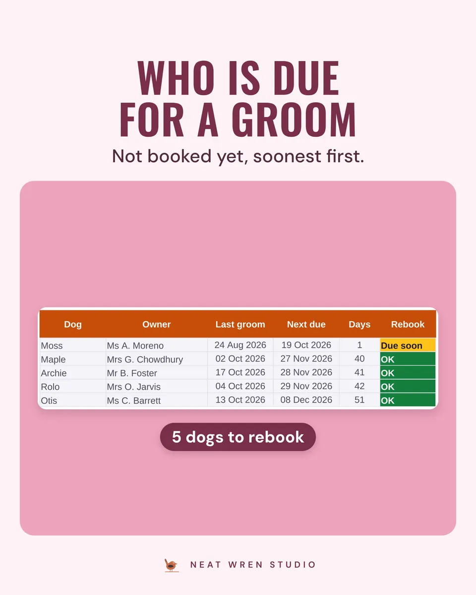 Dog Grooming Business Spreadsheet: rebook