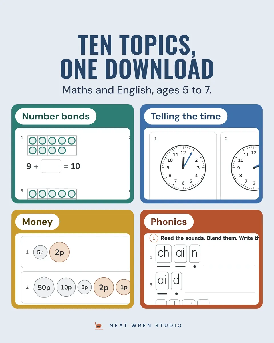 KS1 Maths and English Worksheets: ten topics