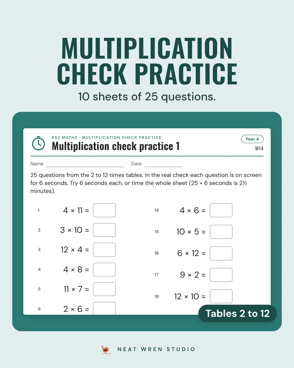 KS2 Maths and English Worksheets: multiplication check