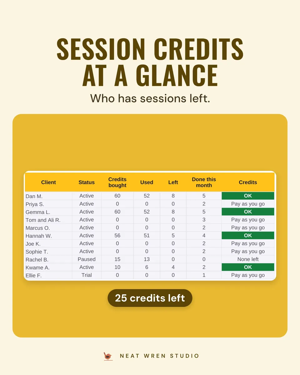 Personal Trainer Business Spreadsheet UK: credits