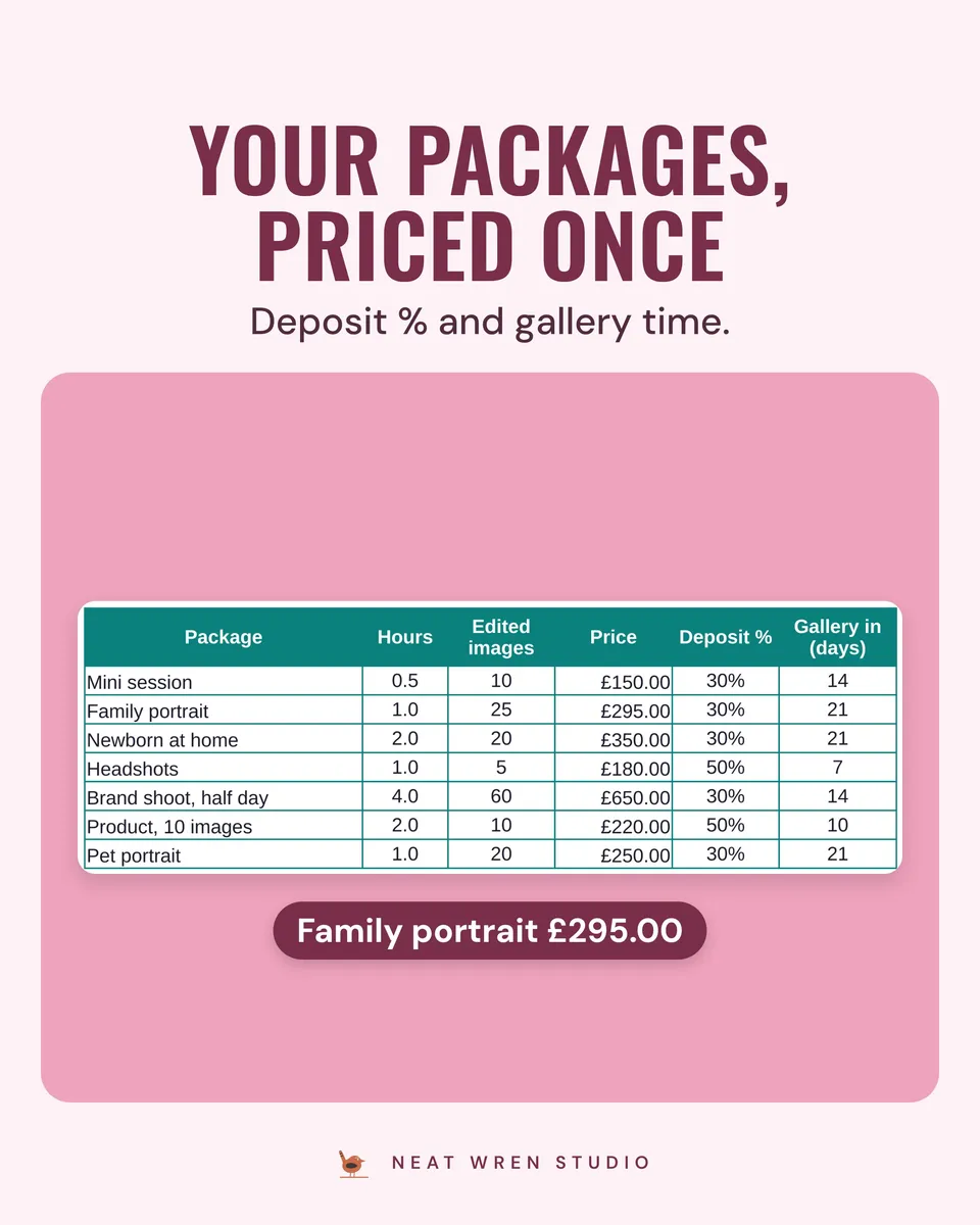 Photography Business Spreadsheet UK: packages