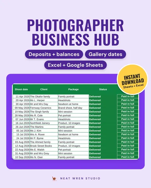 Photography Business Spreadsheet UK